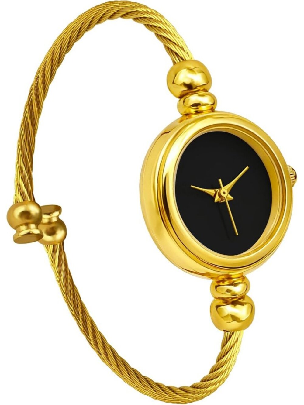 Women's Plain Black/Gold Round Analog Display Arabic Numbers Wire Bracelet Watch - Picture 2 of 6
